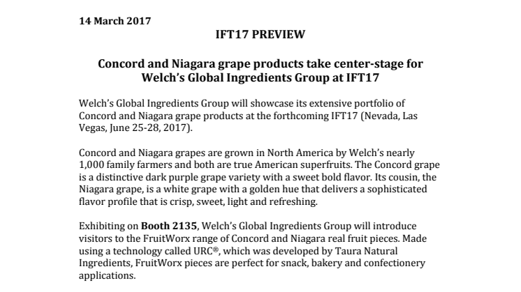IFT17 PREVIEW – Concord and Niagara grape products take center-stage for Welch’s Global Ingredients Group at IFT17