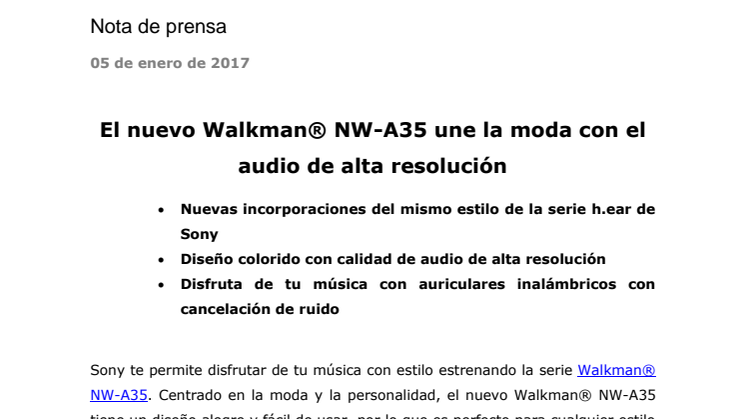 El nuevo Walkman® NW-A35 une la moda con el audio de alta resolución