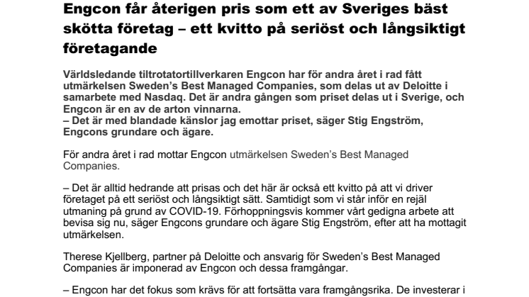 Engcon får återigen pris som ett av Sveriges bäst skötta företag – ett kvitto på seriöst och långsiktigt företagande