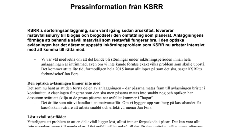 Pressinformation KSRR:s avfallssorteringsanläggning