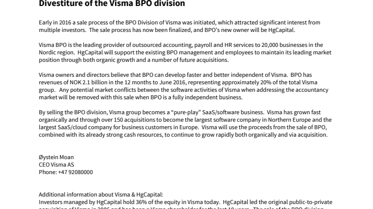 Divestiture of the Visma BPO division