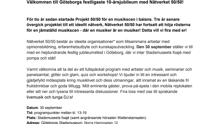 Välkommen till Göteborgs festligaste 10 årsjubileum med Nätverket 50/50!