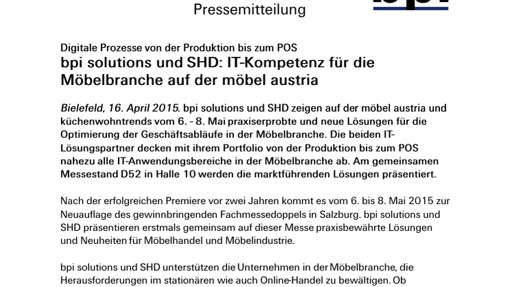 bpi solutions und SHD: IT-Kompetenz für die Möbelbranche auf der möbel austria