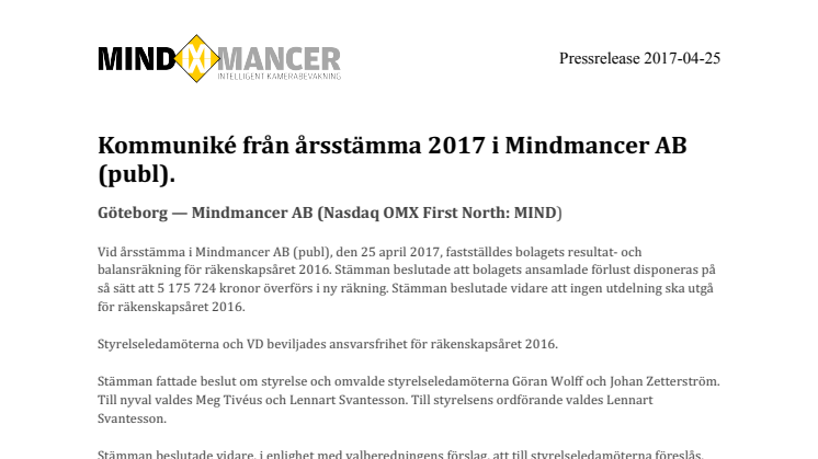 Kommuniké från årsstämma 2017 i Mindmancer AB (publ).