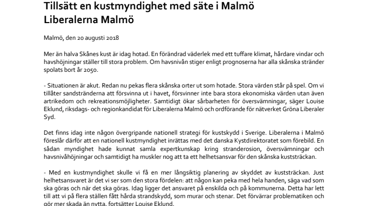 L: Tillsätt en kustmyndighet med säte i Malmö 