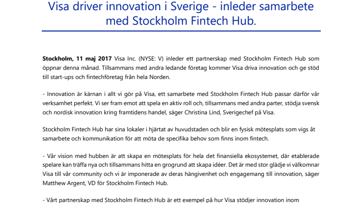 Visa driver innovation i Sverige - inleder samarbete med Stockholm Fintech Hub