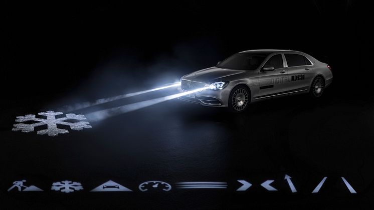 ​Framtidens digitala bilstrålkastare är här. Två miljoner högupplösta pixlar gör att strålkastarna kan projicera olika symboler på vägbanan. 