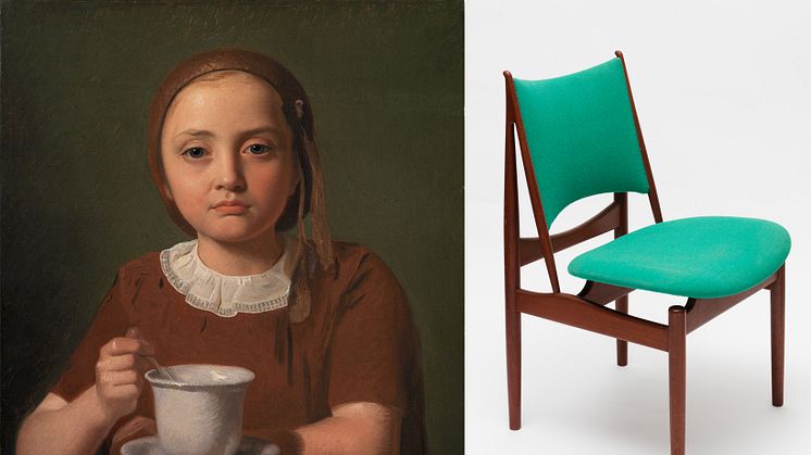 Constantin Hansen, En lille pige, Elise Købke, med en kop foran sig, 1850, SMK. Finn Juhl, Egyptisk stol, Ordrupgaard, foto: Anders Sune Berg.