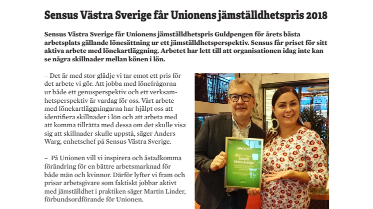 Sensus Västra Sverige får Unionens jämställdhetspris 2018