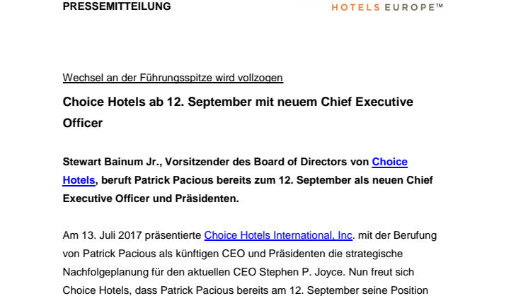 Choice Hotels ab 12. September mit neuem Chief Executive Officer