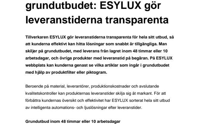 ESYLUX gör leveranstiderna transparenta