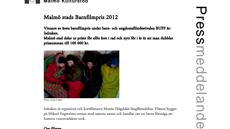 Vinnare av Malmö stads Barnfilmpris 2012 utsedd