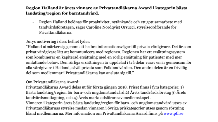 Region Halland - årets bästa landsting för barntandvård