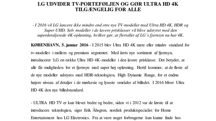 LG UDVIDER TV-PORTEFØLJEN OG GØR ULTRA HD 4K TILGÆNGELIG FOR ALLE