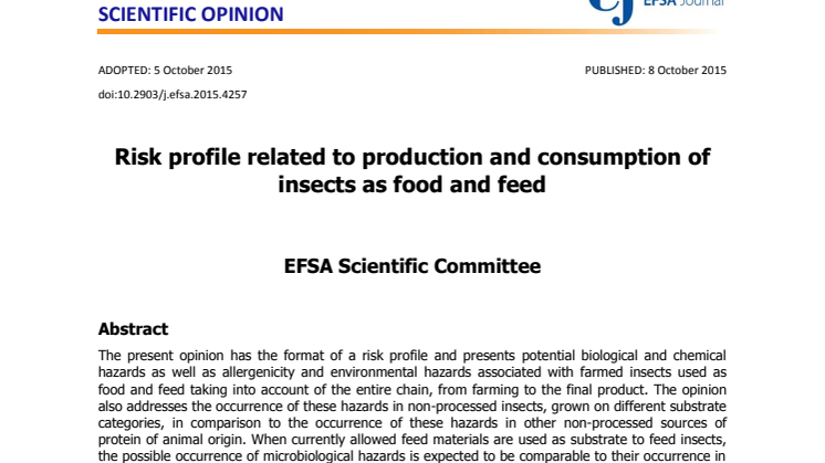 Risk profile related to production and consumption of insects as food and feed