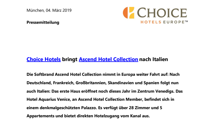 Choice Hotels bringt Ascend Hotel Collection nach Italien