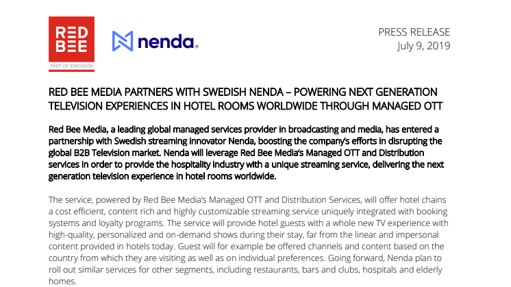 Red Bee Media Partners with Swedish Nenda – Powering Next Generation Television Experiences in Hotel Rooms Worldwide Through Managed OTT