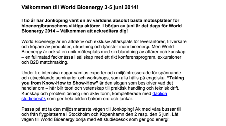 Pressinbjudan - Välkommen till World Bioenergy 3-5 juni 2014!