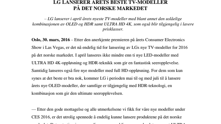 LG LANSERER ÅRETS BESTE TV-MODELLER  PÅ DET NORSKE MARKEDET