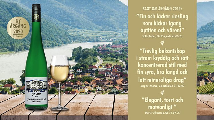 Den 11 februari lanseras Jamek Jochinger Riesling Federspiel 2020. En frisk och fräsch riesling från Wachau-distriktet i Österrike.