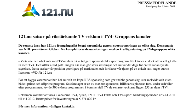 121.nu satsar på rikstäckande TV-reklam i TV4- Gruppens kanaler