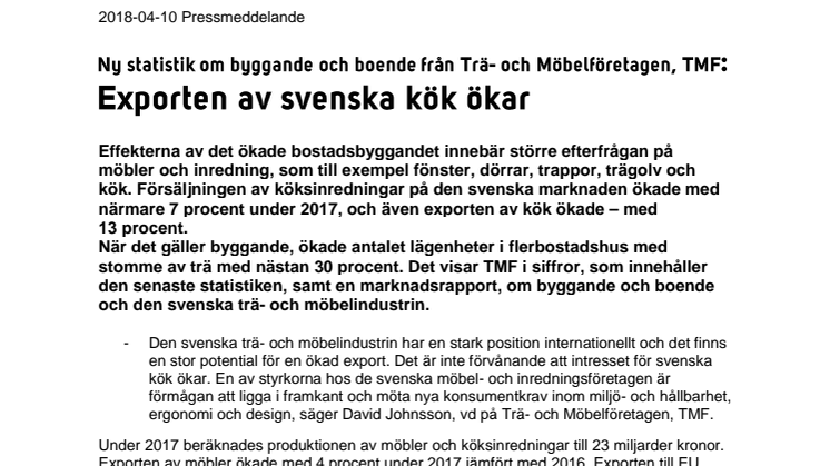 Ny statistik om byggande och boende från Trä- och Möbelföretagen, TMF:  Exporten av svenska kök ökar 