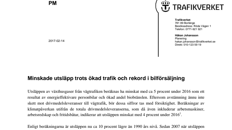 Vägtrafikens utsläpp, PM av Trafikverket, 170217 (1,8 mB, pdf-fil)