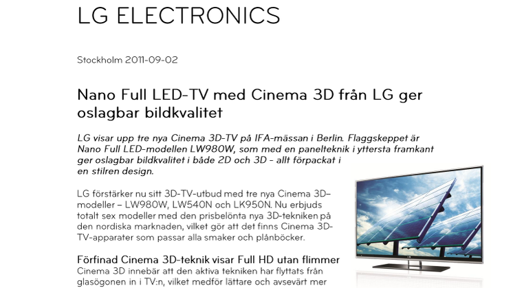 Nano Full LED-TV med Cinema 3D från LG ger oslagbar bildkvalitet
