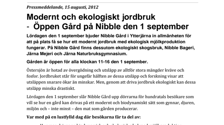 Modernt och ekologiskt jordbruk - Öppen Gård på Nibble den 1 september