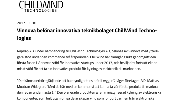 Vinnova belönar innovativa teknikbolaget ChillWind Technologies