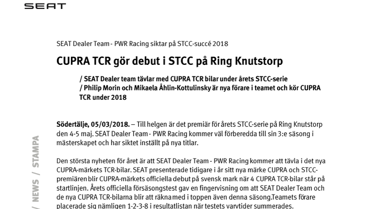 CUPRA TCR gör debut i STCC på Ring Knutstorp