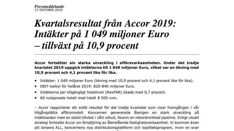 Kvartalsresultat från Accor 2019: Intäkter på 1 049 miljoner Euro – tillväxt på 10,9 procent