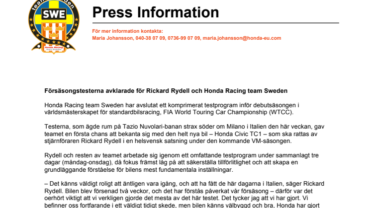Försäsongstesterna avklarade för Rickard Rydell och Honda Racing team Sweden
