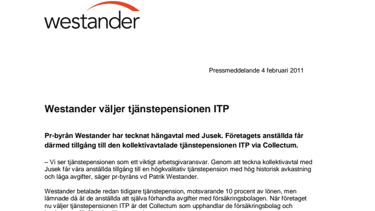 Westander väljer tjänstepensionen ITP
