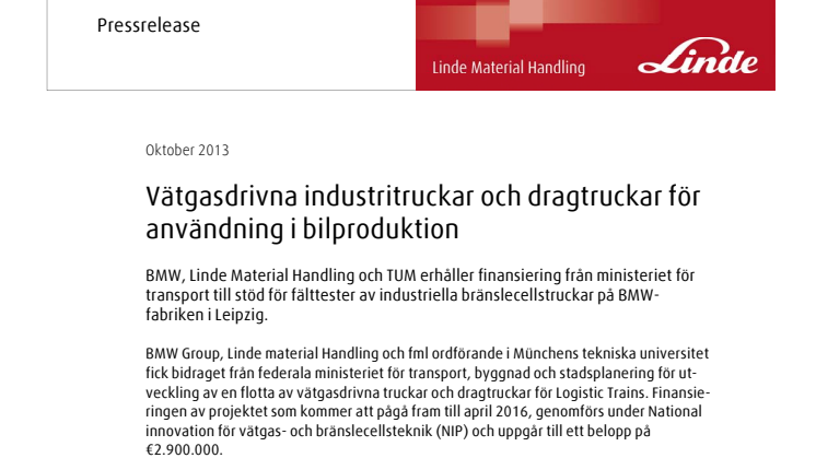 Vätgasdrivna industritruckar och dragtruckar för användning i bilproduktion