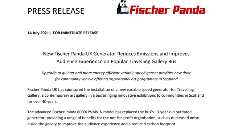 New Fischer Panda UK Generator Reduces Emissions and Improves Audience Experience on Popular Travelling Gallery Bus