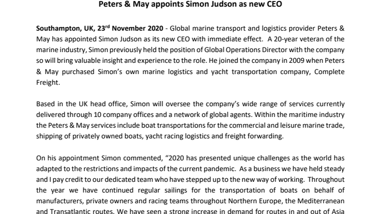 Peters & May appoints Simon Judson as new CEO