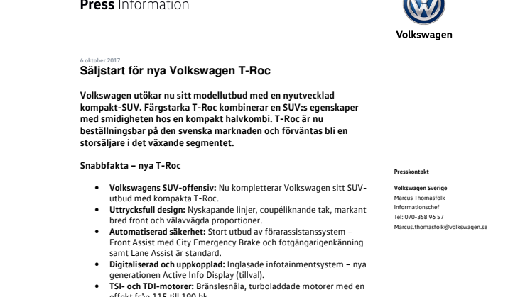 Säljstart för nya Volkswagen T-Roc