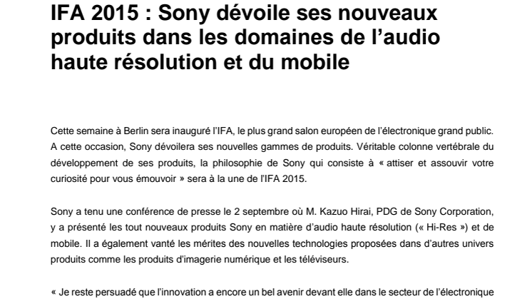 IFA 2015 : Sony dévoile ses nouveaux produits dans les domaines de l’audio haute résolution et du mobile 