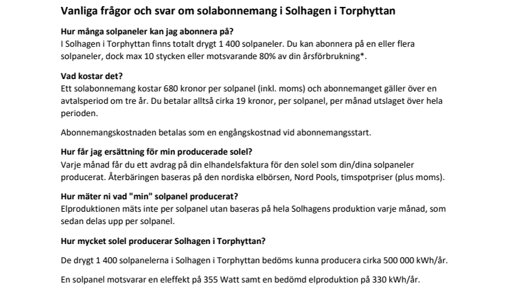 Vanliga frågor och svar om solabonnemang i Solhagen i Torphyttan