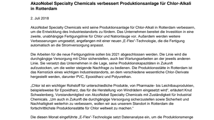 AkzoNobel Specialty Chemicals verbessert Produktionsanlage für Chlor-Alkali in Rotterdam