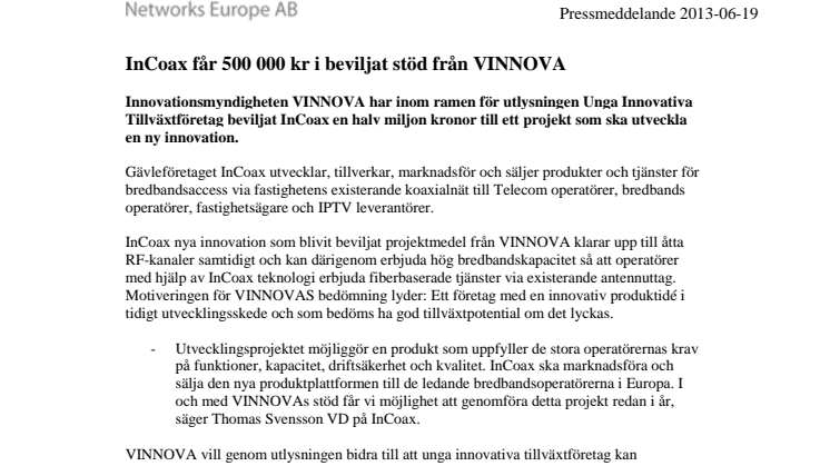 InCoax får 500 000 kr i beviljat stöd från VINNOVA