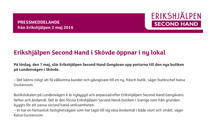 Erikshjälpen Second Hand i Skövde öppnar i ny lokal