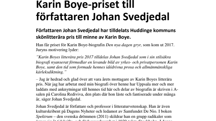 Karin Boye-priset till författaren Johan Svedjedal