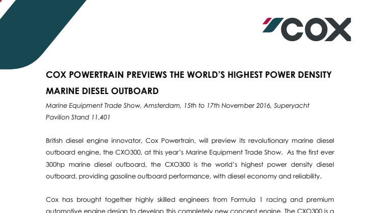 Cox Powertrain: World's Highest Power Density Marine Diesel Outboard to be Previewed at METS