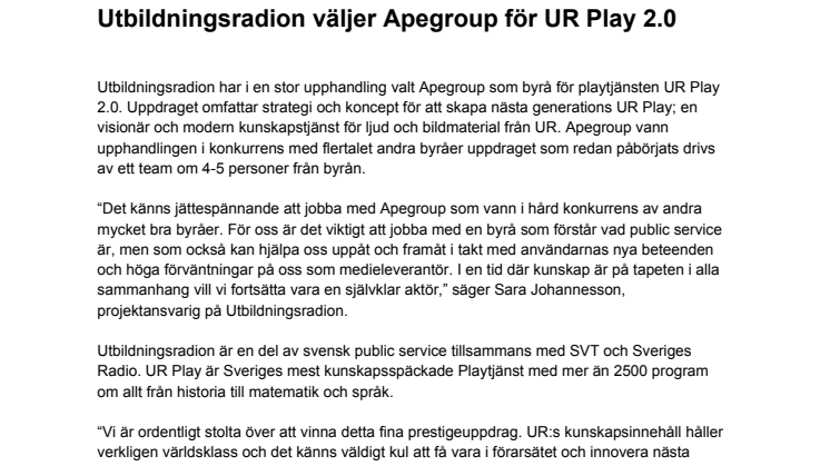 Utbildningsradion väljer Apegroup för UR Play 2.0