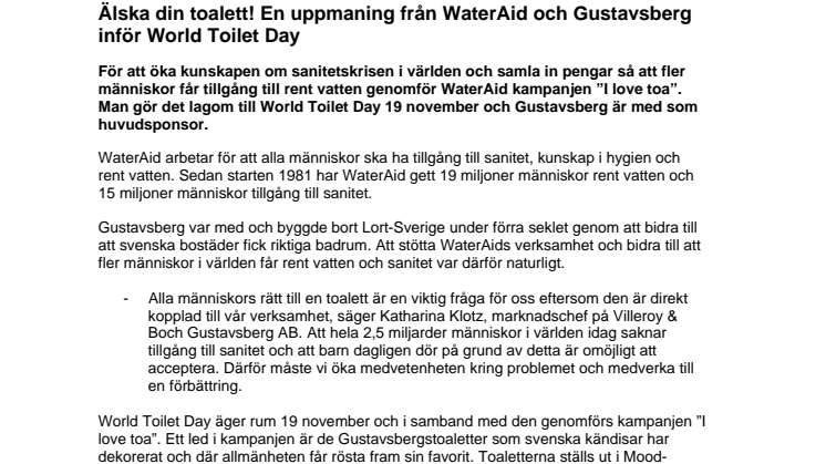 Älska din toalett! En uppmaning från WaterAid och Gustavsberg inför World Toilet Day