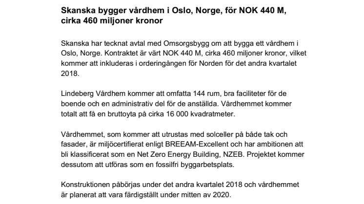 Skanska bygger vårdhem i Oslo, Norge, för NOK 440 M, cirka 460 miljoner kronor