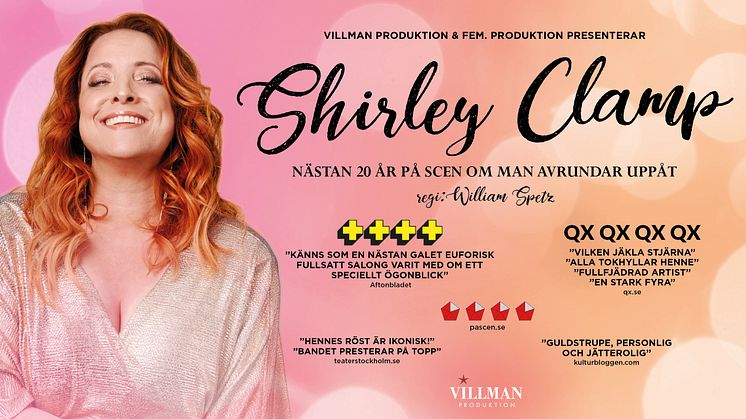 Shirley Clamp turnéaktuell med succéshowen Nästan 20 år på scen om man avrundar uppåt - premiär fredag 23 september