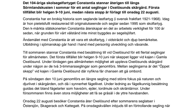 Skolsegelfartyget Constantia seglar  åter i Oxelösunds skärgård i sommar